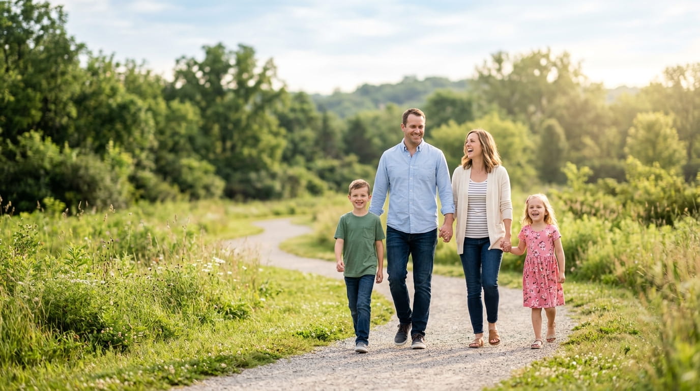 Happy white family outdoors