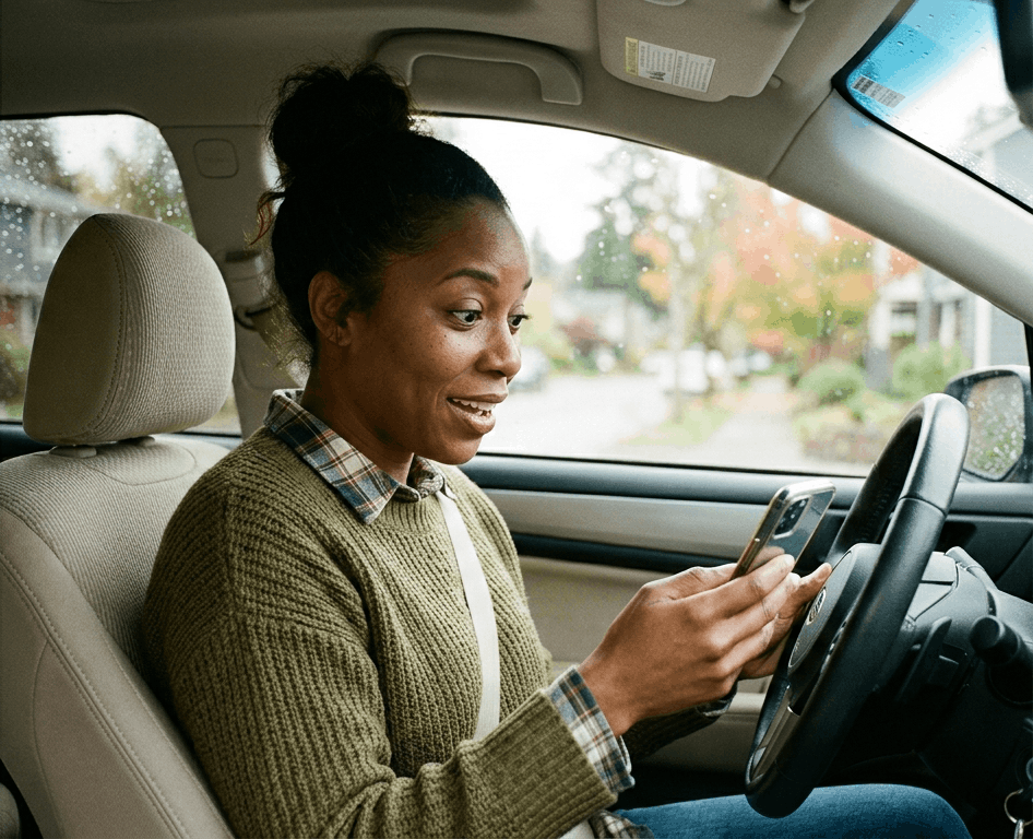 Driver checking insurance rates on smartphone