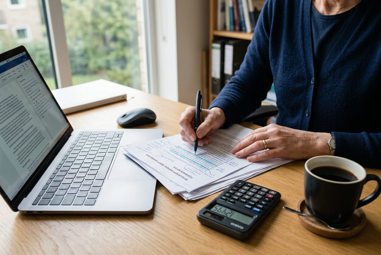 Reviewer evaluating documents at desk