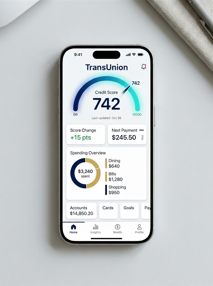 Mockup of a clean fintech credit score dashboard showing a 742 score