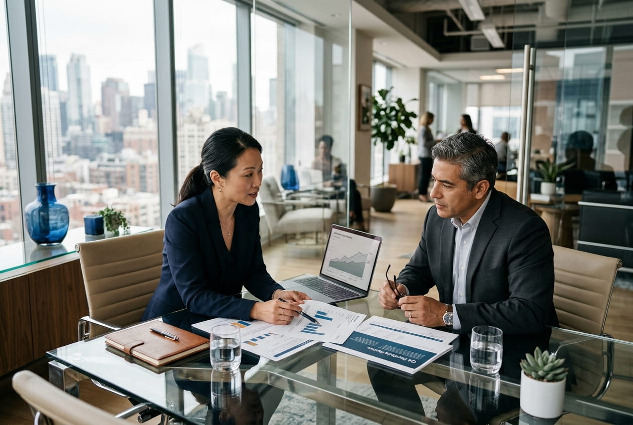 Premium financial consultation scene between professional and client