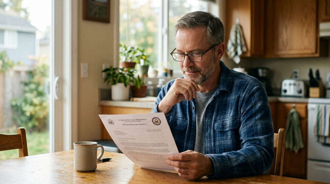 Dignified American man in his 50s reviewing official documents at home, looking relieved.