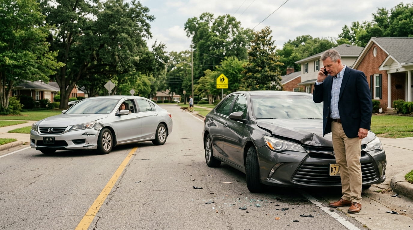 Minor car accident scene on suburban road