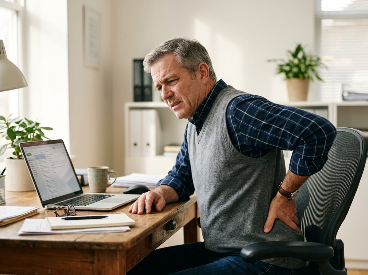 Middle-aged man at a desk experiencing visible back pain, holding his lower back in discomfort