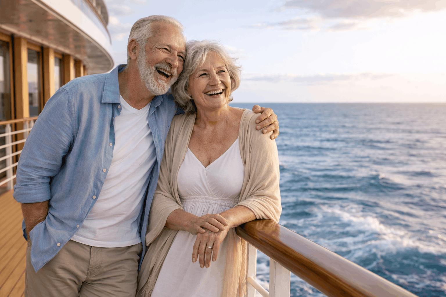Happy senior couple in their 60s relaxing on a luxury cruise ship deck at sunset