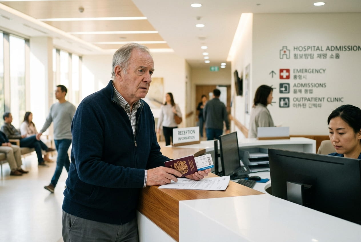 Worried senior man at a modern hospital reception desk in a foreign country