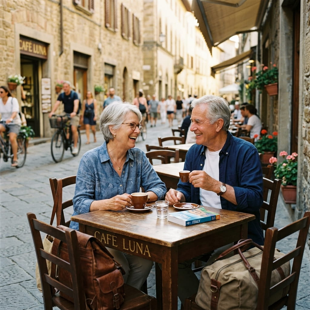 Senior couple sitting at an outdoor European cafe