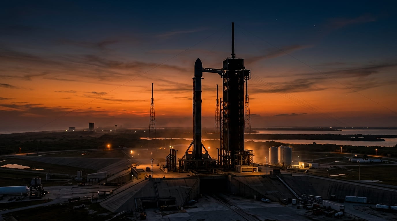 Dramatic rocket launch site at dusk representing the space investment opportunity